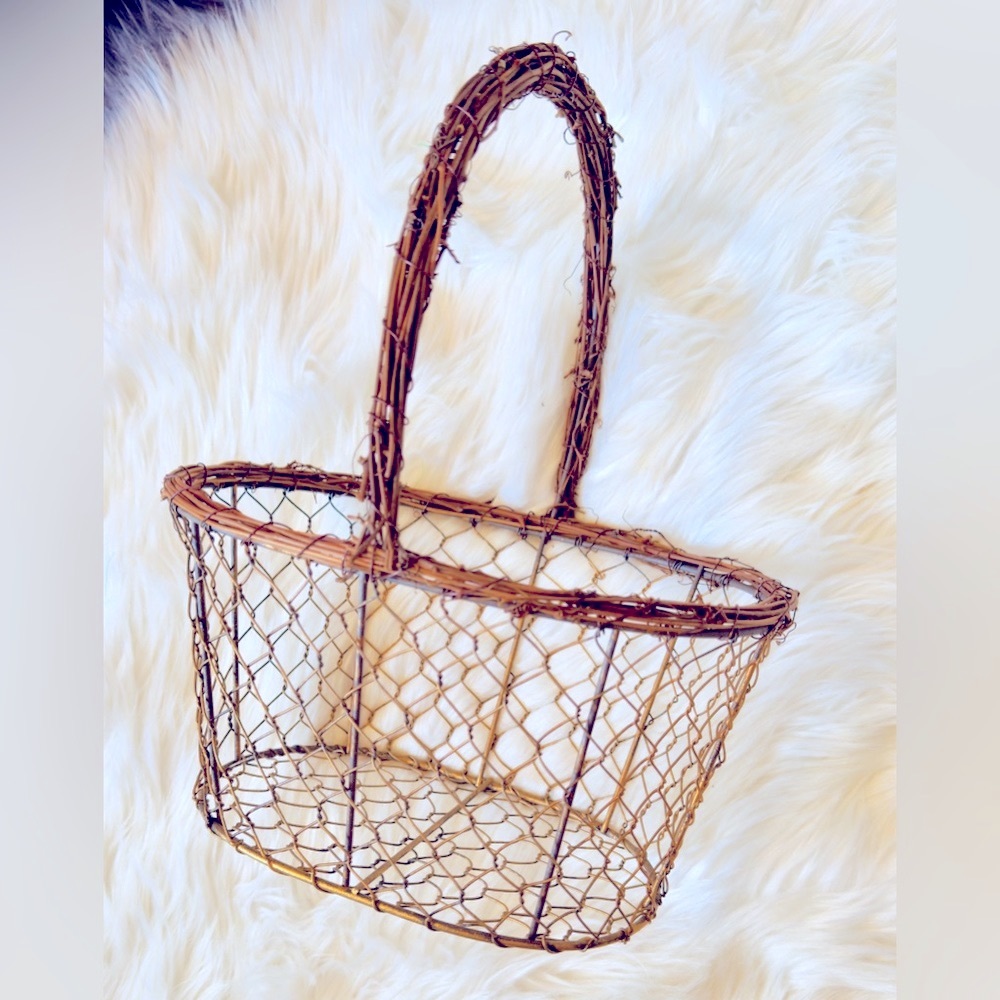 Gold Metal Wire Basket w Wood Handle Farmhouse Shabby Chic - Spring Easter Decor
